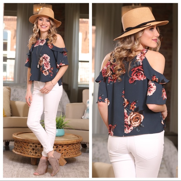 ✨LAST✨Dark teal Floral cold shoulder ruffle top - Picture 3 of 7